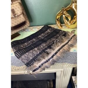 bebe Black Lace Mesh Feather Trim Mini‎ Skirt Size 0 Guinea Fowl Cocktail Party